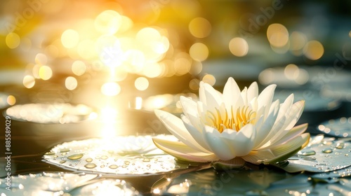 Beautiful white lotus flower in full bloom with sunlight reflecting off water surface, creating a serene and tranquil scene in nature.
