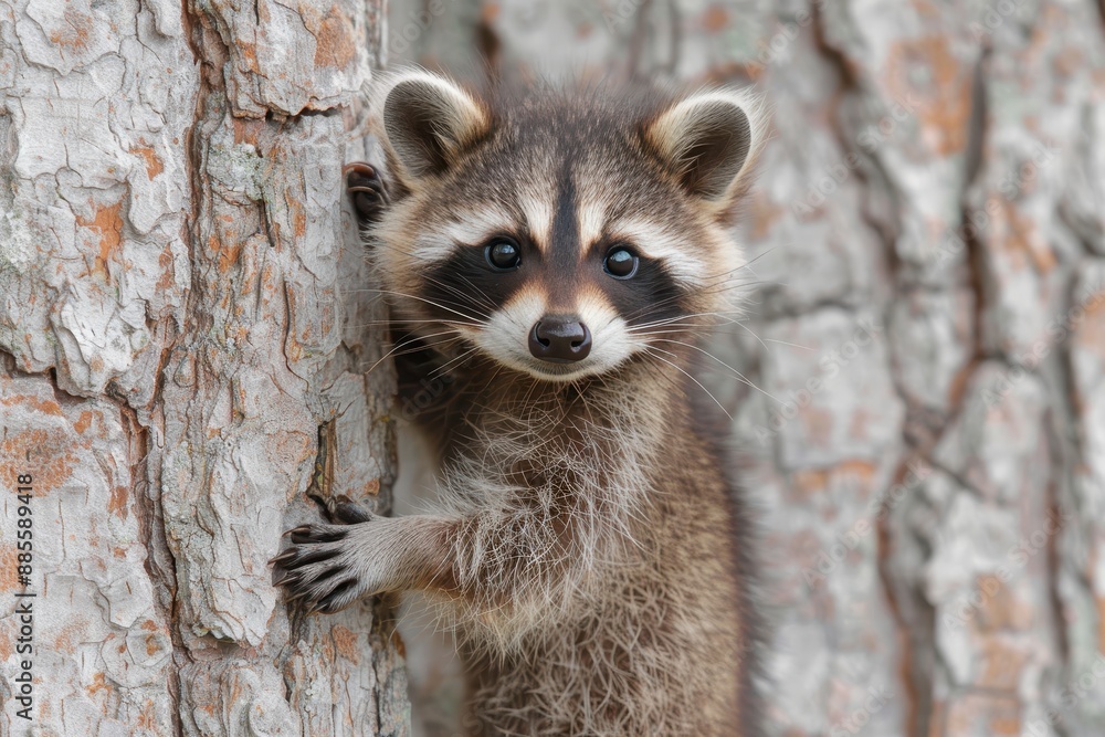 Baby Raccoon: A mischievous baby raccoon, climbing a tree in the backyard. 