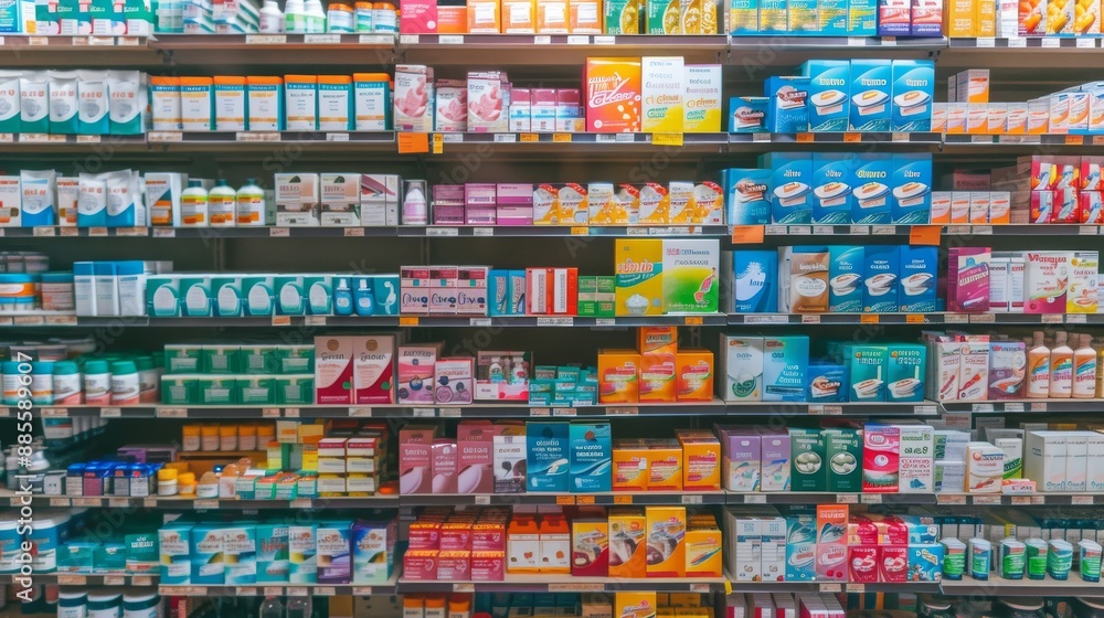 Obraz premium Pharmacy shelves stocked with boxes of healthcare products for sale.