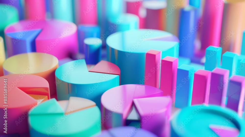 ภาพประกอบสต็อก Pie graphs and bar charts are shown in a 3D illustration ...