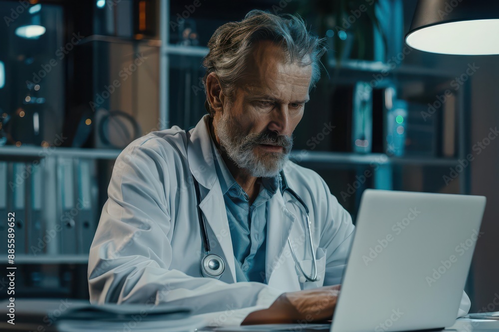 dedicated mature male doctor in white coat works intently at his desk entering patient data into a laptop the modern medical office setting reflects professionalism and expertise dedicated mature male doctor in white coat works intently at his desk entering patient data into a laptop the modern medical office setting reflects professionalism and expertise