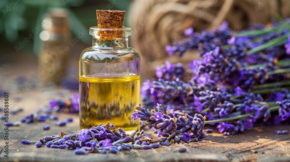 Lavender essential oil in a small glass bottle on a wooden table with fresh lavender flowers. Rustic style image suitable for aromatherapy, beauty, and wellness themes. AI Lavender essential oil in a small glass bottle on a wooden table with fresh lavender flowers. Rustic style image suitable for aromatherapy, beauty, and wellness themes. AI