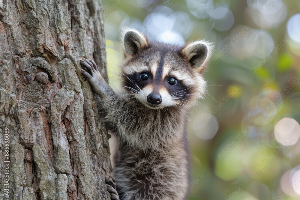 Baby Raccoon: A mischievous baby raccoon, climbing a tree in the backyard. Baby Raccoon: A mischievous baby raccoon, climbing a tree in the backyard.