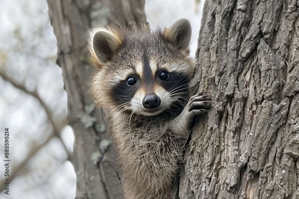Baby Raccoon: A mischievous baby raccoon, climbing a tree in the backyard. Baby Raccoon: A mischievous baby raccoon, climbing a tree in the backyard.