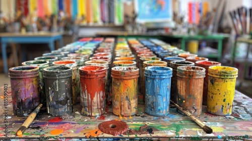 A Symphony of Color: Paint Jars and Brushes Resting in an Artist's Studio After a Day of Creative Expression. Generative AI