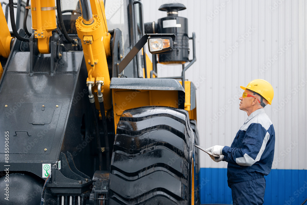 Industry engineer uses computer tablet for control monitoring condition of industrial equipment. Adult man in uniform and yellow helmet against background of mining tractor Industry engineer uses computer tablet for control monitoring condition of industrial equipment. Adult man in uniform and yellow helmet against background of mining tractor