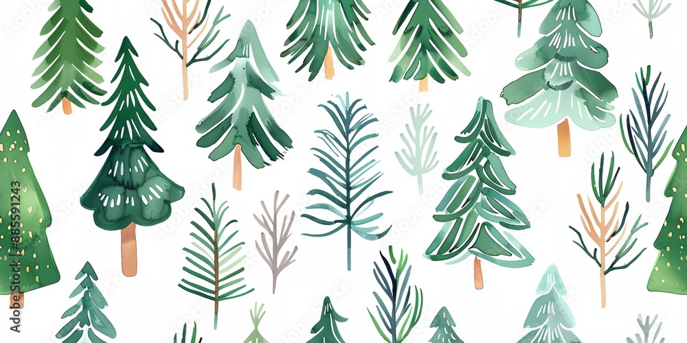 A Christmas tree painting with many trees and a white background. The trees are all different sizes and are painted in various shades of green. The painting has a festive and joyful mood A Christmas tree painting with many trees and a white background. The trees are all different sizes and are painted in various shades of green. The painting has a festive and joyful mood