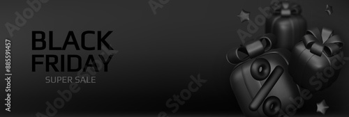 Holiday Black Friday Sale. Realistic 3d objects gift box, shopping bag, percent sign, falling money. vector illustration