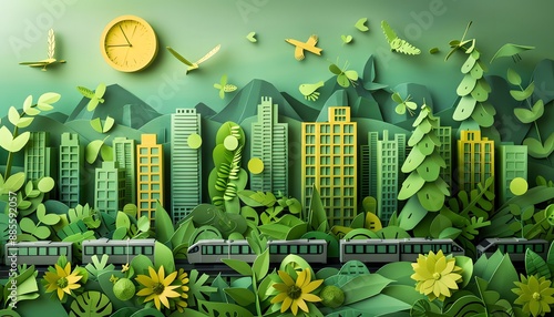 Design a paper cut scene of an ecofriendly urban development, featuring green buildings, community gardens, and efficient public transport. photo