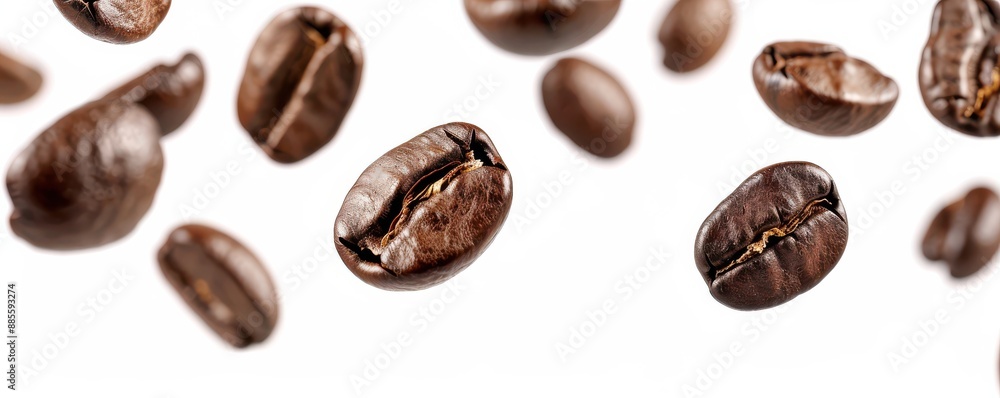 A close up of coffee beans in the air. Free copy space for banner. A close up of coffee beans in the air. Free copy space for banner.