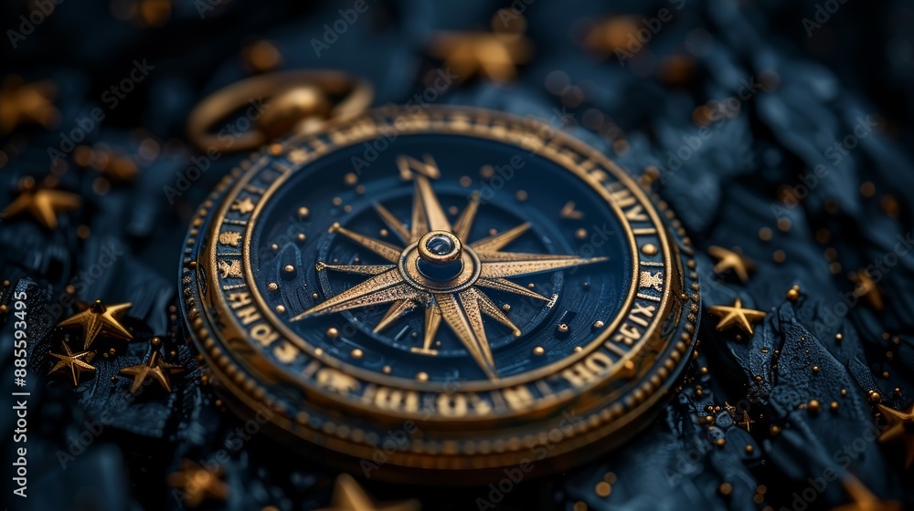 A Golden Compass Amidst a Starry Night Sky. Generative AI A Golden Compass Amidst a Starry Night Sky. Generative AI