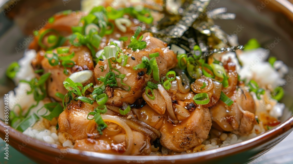 Close-up of delicious Teriyaki Chicken Bowl with rice and green onions. Perfect for food blogs or menus. Close-up of delicious Teriyaki Chicken Bowl with rice and green onions. Perfect for food blogs or menus.