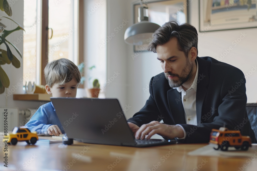 Businessman is working from home at his laptop while his son is playing next to him Businessman is working from home at his laptop while his son is playing next to him
