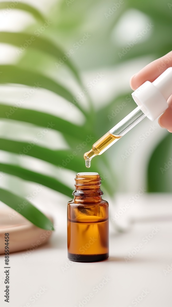 Close-up of a brown dropper bottle with essential oil, a drop falling from the pipette. Green plant background, spa and wellness concept.