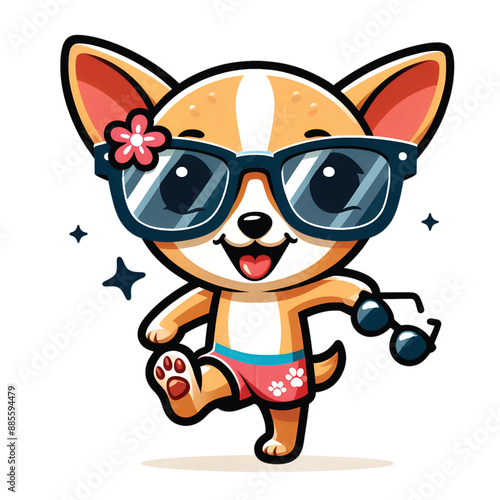 cute and funny happy Chihuahua sunglasses walking pet lover, dogs fan, vector design