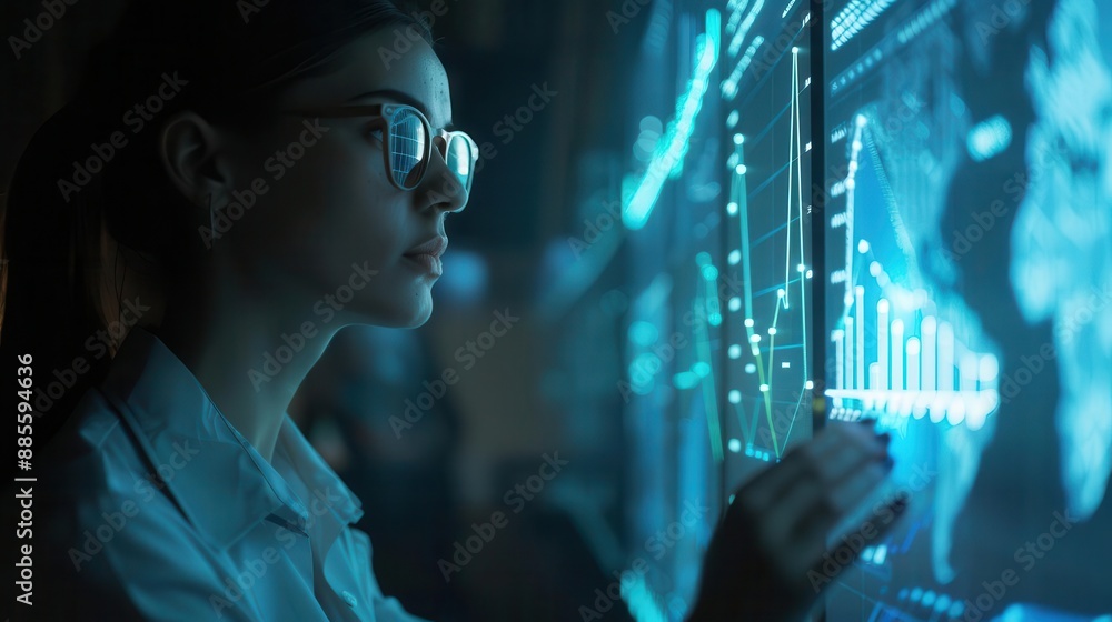 focused businesswoman analyzing holographic financial data futuristic office setting glowing graphs and charts sleek technology cool blue lighting portraying expertise and innovation focused businesswoman analyzing holographic financial data futuristic office setting glowing graphs and charts sleek technology cool blue lighting portraying expertise and innovation