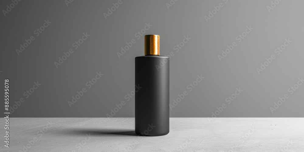 Elegant Black Matte Bottle with Gold Cap on Minimalist Gray Background Elegant Black Matte Bottle with Gold Cap on Minimalist Gray Background