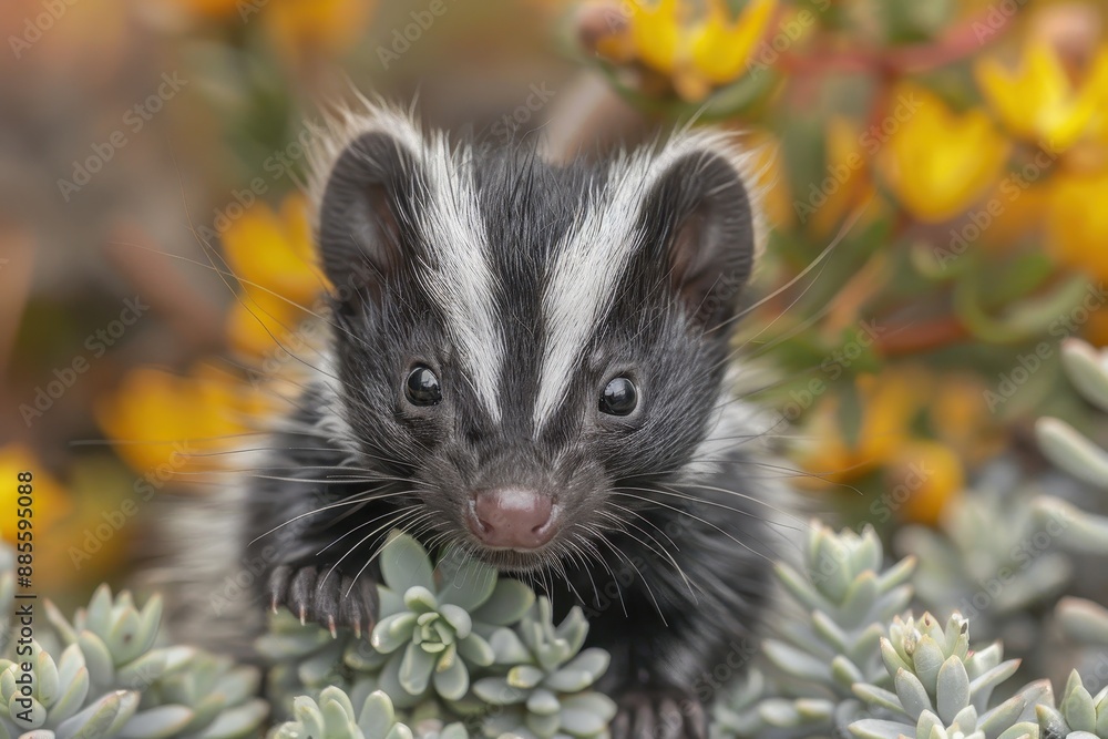 Baby Skunk: A small baby skunk, with its distinctive black and white stripes, exploring a garden. Baby Skunk: A small baby skunk, with its distinctive black and white stripes, exploring a garden.