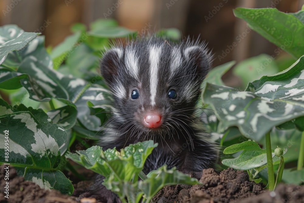 Baby Skunk: A small baby skunk, with its distinctive black and white stripes, exploring a garden. Baby Skunk: A small baby skunk, with its distinctive black and white stripes, exploring a garden.