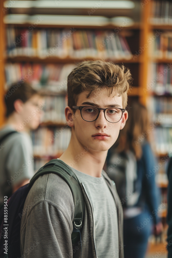 A teenage boy in a library looking directly at the camera, with bookshelves in the background, emphasizing education and focus. A teenage boy in a library looking directly at the camera, with bookshelves in the background, emphasizing education and focus.