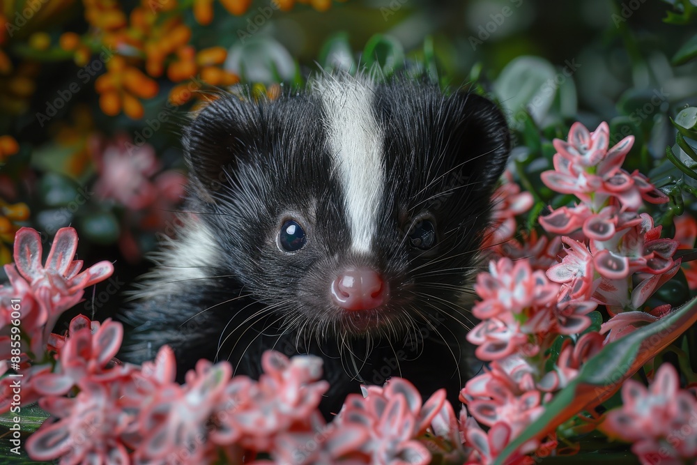Baby Skunk: A small baby skunk, with its distinctive black and white stripes, exploring a garden. Baby Skunk: A small baby skunk, with its distinctive black and white stripes, exploring a garden.