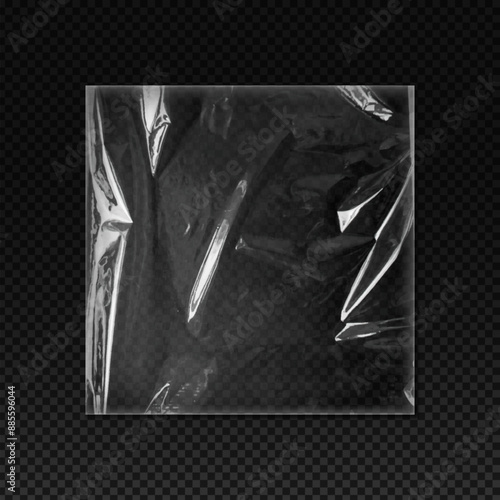 Realistic vector design of crumpled plastic packaging on isolated black background.