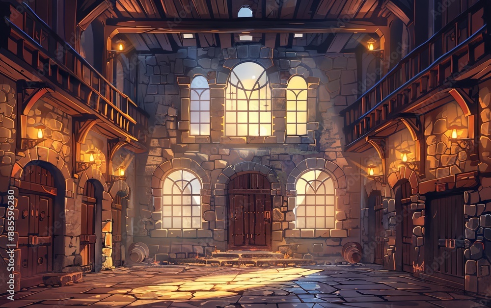 Obraz premium 2D Medieval Cartoon Landscape Scene