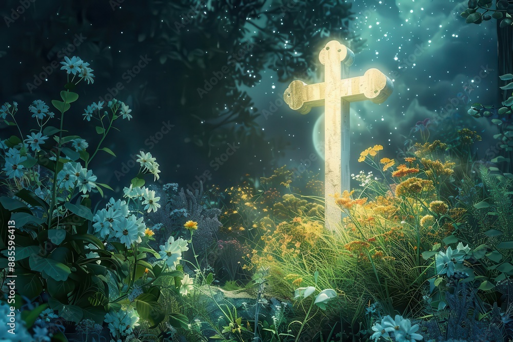 illuminated white cross amidst a lush garden of diverse flowers soft moonlight filtering through leaves creating a mystical and peaceful nighttime scene illuminated white cross amidst a lush garden of diverse flowers soft moonlight filtering through leaves creating a mystical and peaceful nighttime scene