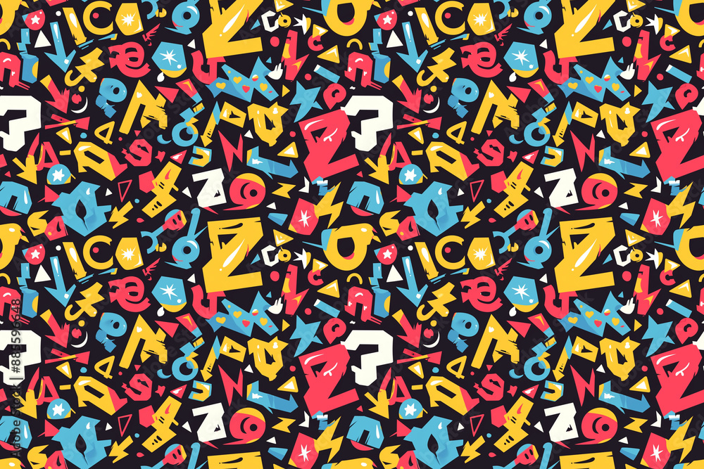 Abstract geometric pattern with colorful shapes on a dark background. The seamless design is playful and modern, featuring various vibrant colors. Abstract geometric pattern with colorful shapes on a dark background. The seamless design is playful and modern, featuring various vibrant colors.