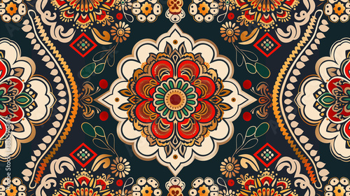 A colorful floral patterned carpet with a blue background