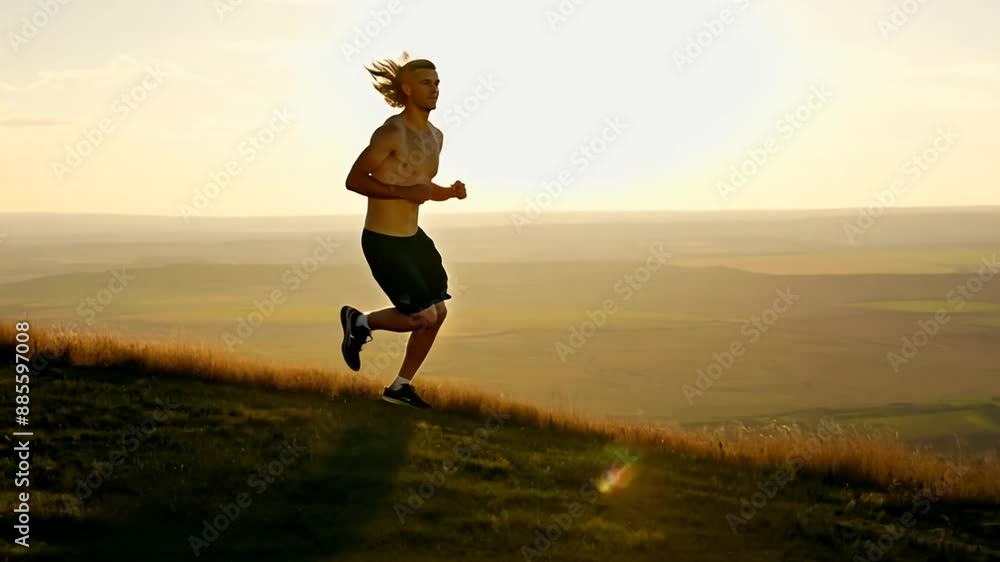 Young Sportsman Running on Hilltop at Sunset Generative AI Young Sportsman Running on Hilltop at Sunset Generative AI