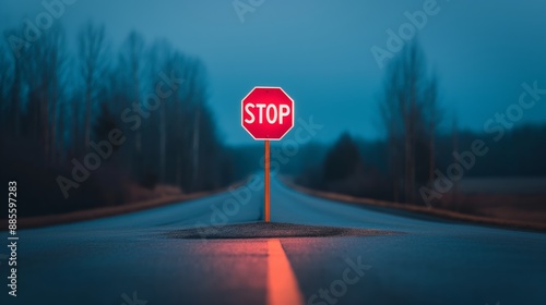 Lonely stop sign on an empty road at dusk with trees in the background and a darkening evening sky, creating a serene and moody atmosphere. photo