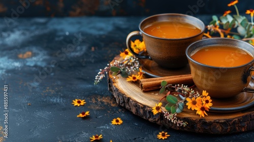 Two cups of tea with cinnamon on a wooden tray. November photo