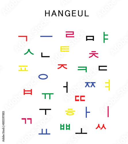 Korean alphabet 'Hangeul' set in various colors. Isolated on white background.