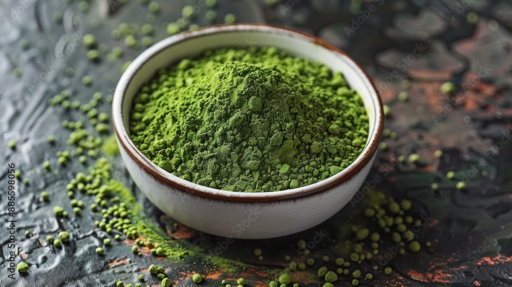 A Bowl Of Freshly Ground Green Tea Powder On A Rustic Wooden Surface. Generative AI A Bowl Of Freshly Ground Green Tea Powder On A Rustic Wooden Surface. Generative AI