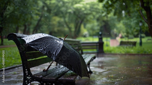 A lively and detailed photograph of a rain-soaked umbrella left on a park bench. This represents a short period of time.  photo