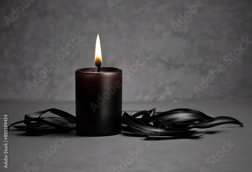 burning black candle with black ribbon on dark grey background for obituary notice, funeral announcement, necrology