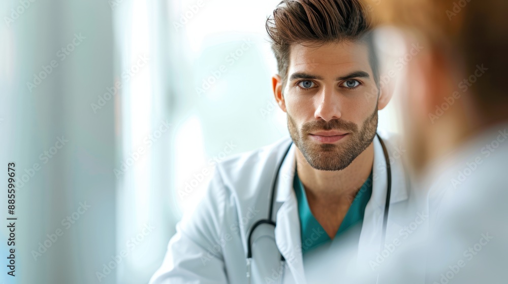 A doctor consulting with a patient in a hospital room, emphasizing healthcare services, medical treatment, and patient care in a clinical setting. A doctor consulting with a patient in a hospital room, emphasizing healthcare services, medical treatment, and patient care in a clinical setting.