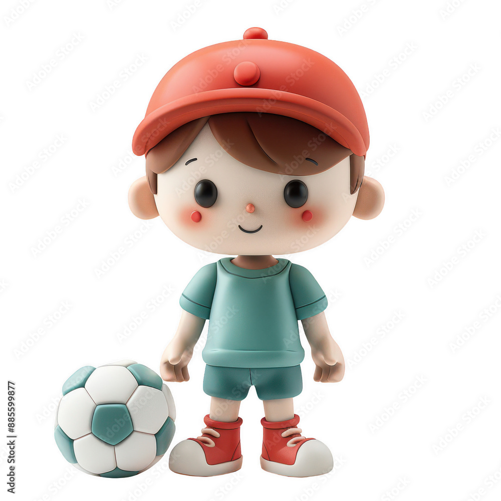 Adorable clay boy with red cap, playing soccer, full body, facing front, very small dot black eyes style, retro colors, 3D clay icon, Blender 3D, kawaii vibes. Adorable clay boy with red cap, playing soccer, full body, facing front, very small dot black eyes style, retro colors, 3D clay icon, Blender 3D, kawaii vibes.