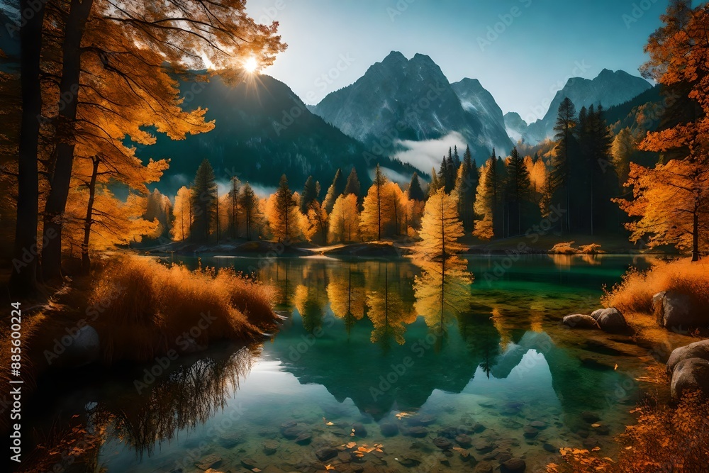 Naklejka premium Beautiful autumn scene of Hintersee lake. Colorful morning view of Bavarian Alps.