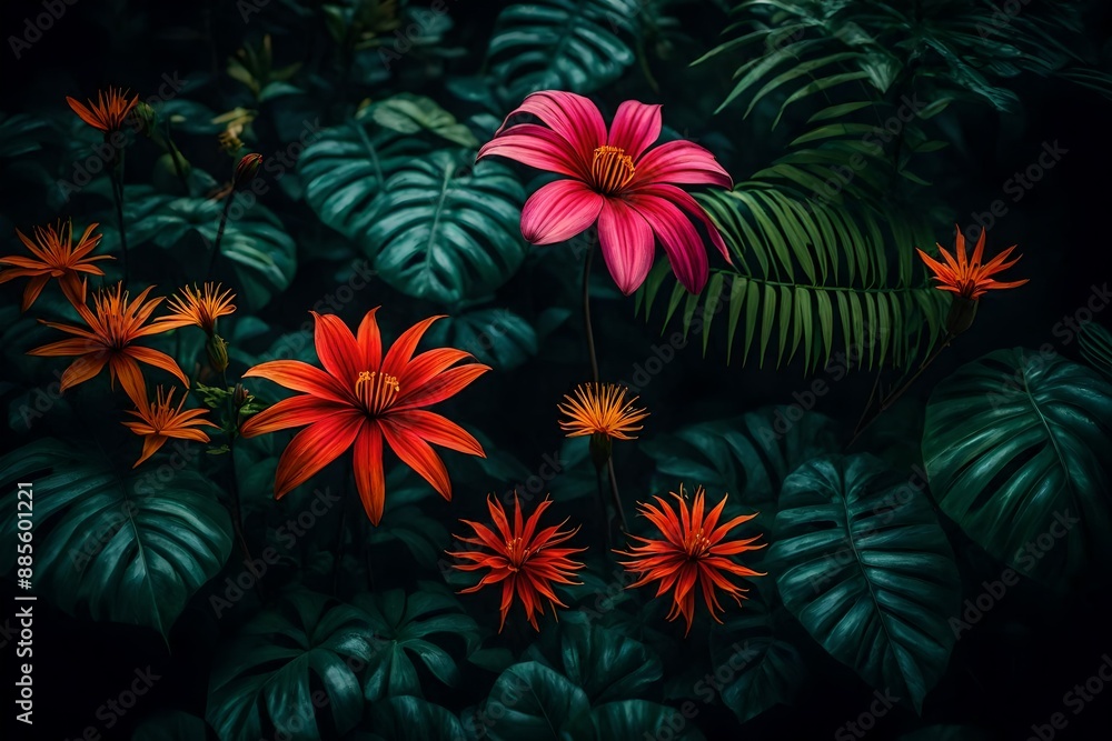 colorful flower on dark tropical foliage nature. colorful flower on dark tropical foliage nature.