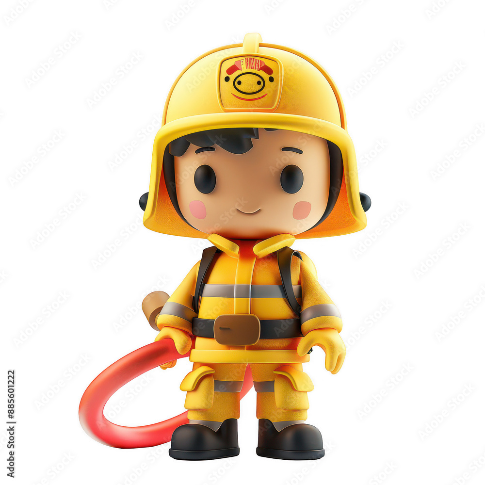 An adorable clay firefighter with helmet, holding a hose, full body, facing front, very small dot black eyes style, bright tones, color 3D clay icon, Blender 3D, kawaii, standing proudly. An adorable clay firefighter with helmet, holding a hose, full body, facing front, very small dot black eyes style, bright tones, color 3D clay icon, Blender 3D, kawaii, standing proudly.
