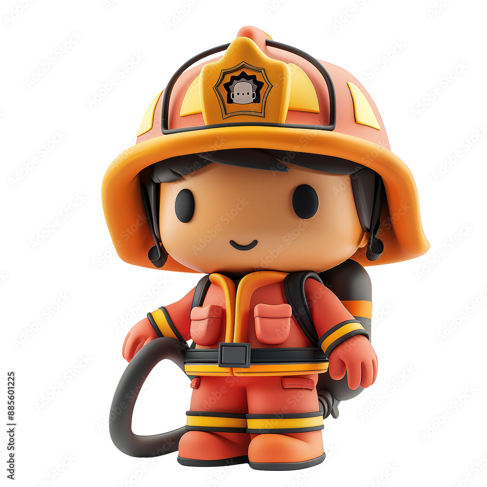 Adorable clay firefighter with helmet, holding a hose, full body, facing front, very small dot black eyes style, bright tones, color 3D clay icon, Blender 3D, kawaii Adorable clay firefighter with helmet, holding a hose, full body, facing front, very small dot black eyes style, bright tones, color 3D clay icon, Blender 3D, kawaii