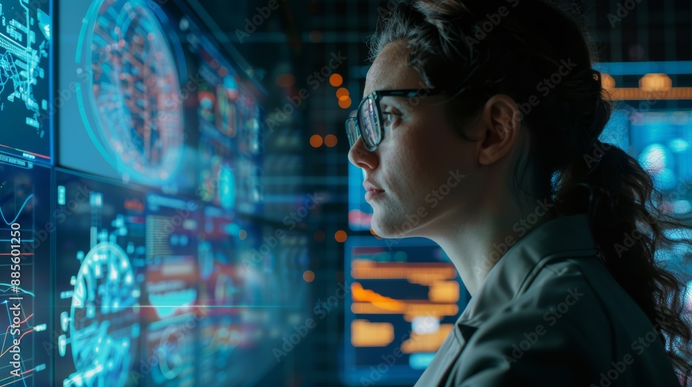 Obraz premium Futuristic Technology: Woman Interacting with Augmented Reality Interface in Motion