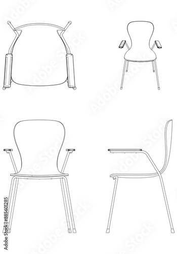 Chair Line Vector Illustration. Different Views of Modern Chair, Ideal for Furniture Design and Interior Concepts with Front, Side, and Top Views
