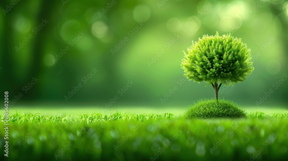 Vibrant green tree in lush grassy field, bathed in soft sunlight. Perfect nature background for eco-friendly concepts and serene scenery.