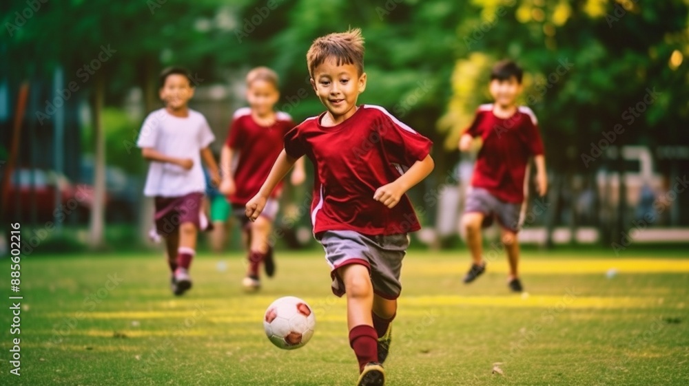 A boy in maroon shorts played soccer with his friends. A boy in maroon shorts played soccer with his friends.