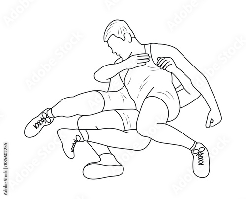 Wrestlers in a prone position, Greco Roman wrestling, duel, sketch outline