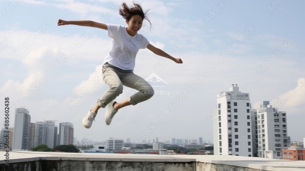 A girl in her teens, with boundless energy, did white-background parkour moves. A girl in her teens, with boundless energy, did white-background parkour moves.