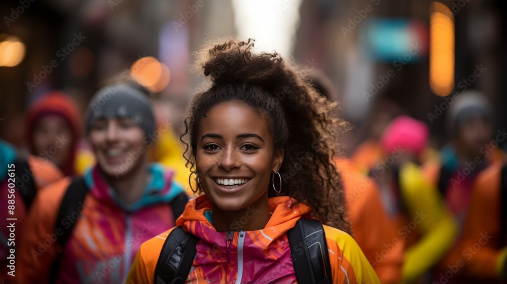 A group of teens in neon fitness gear ran the marathon together. A group of teens in neon fitness gear ran the marathon together.